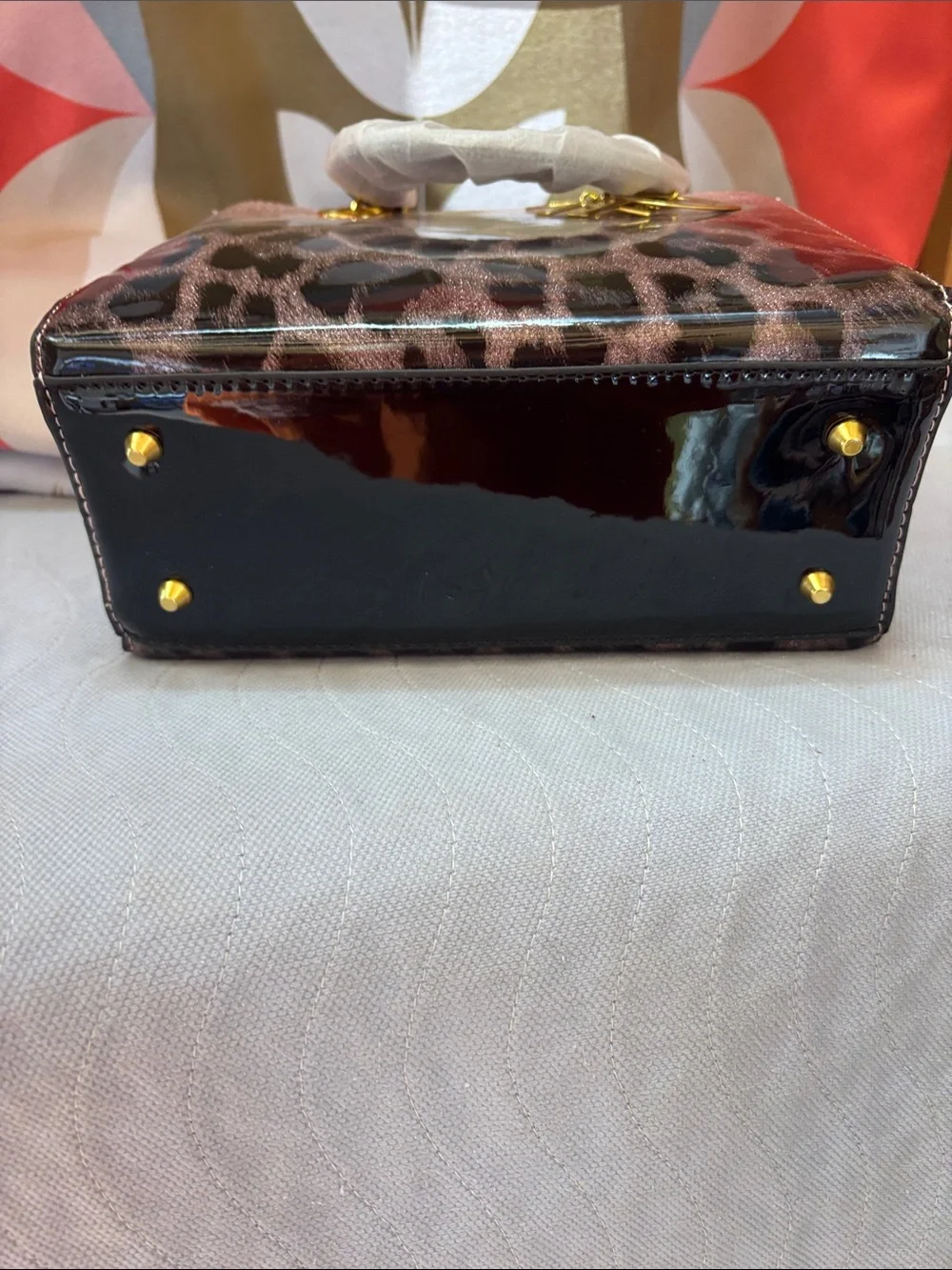 Leopard-Print Patent Satchel in Rose Brown with Black Trim